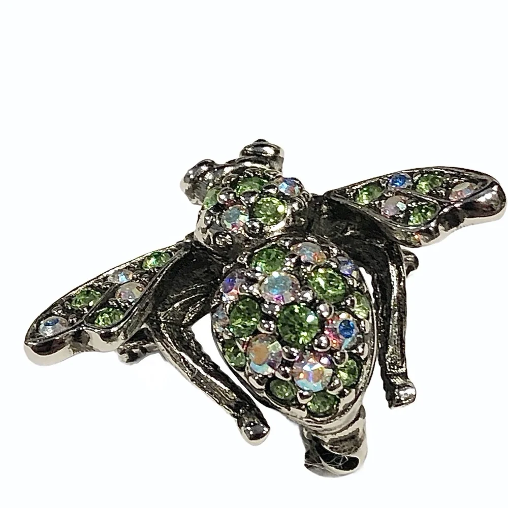 JOAN RIVERS CLEAR AURORA BOREALIS & GREEN CRYSTALS SILVER TONE BUMBLEBEE BROOCH